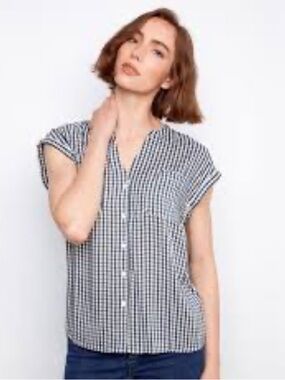 H&M L.O.G.G. Navy & White Gingham Cotton Blouse - EUC - Size 4